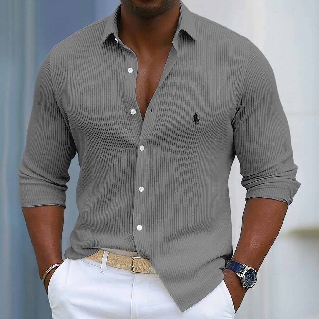 Ribbed Long-Sleeve Button-Up Shirt — Clearance Sale