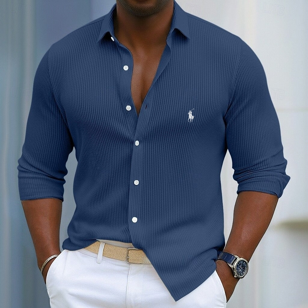 Ribbed Long-Sleeve Button-Up Shirt — Clearance Sale