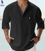 Linen Mandarin Collar Henley Shirt — Clearance Sale