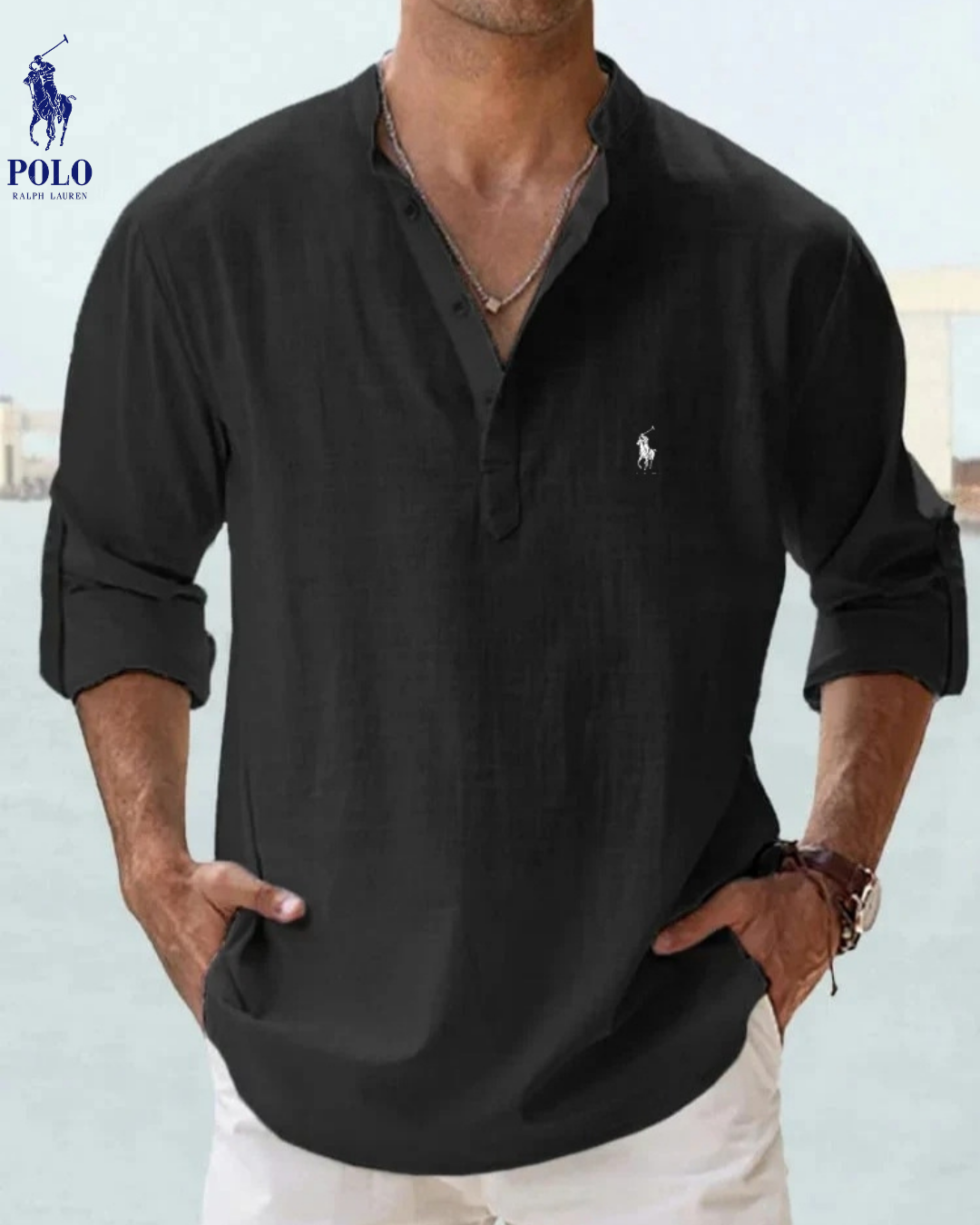 Linen Mandarin Collar Henley Shirt — Clearance Sale
