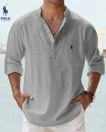 Linen Mandarin Collar Henley Shirt — Clearance Sale