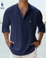 Linen Mandarin Collar Henley Shirt — Clearance Sale