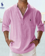 Linen Mandarin Collar Henley Shirt — Clearance Sale