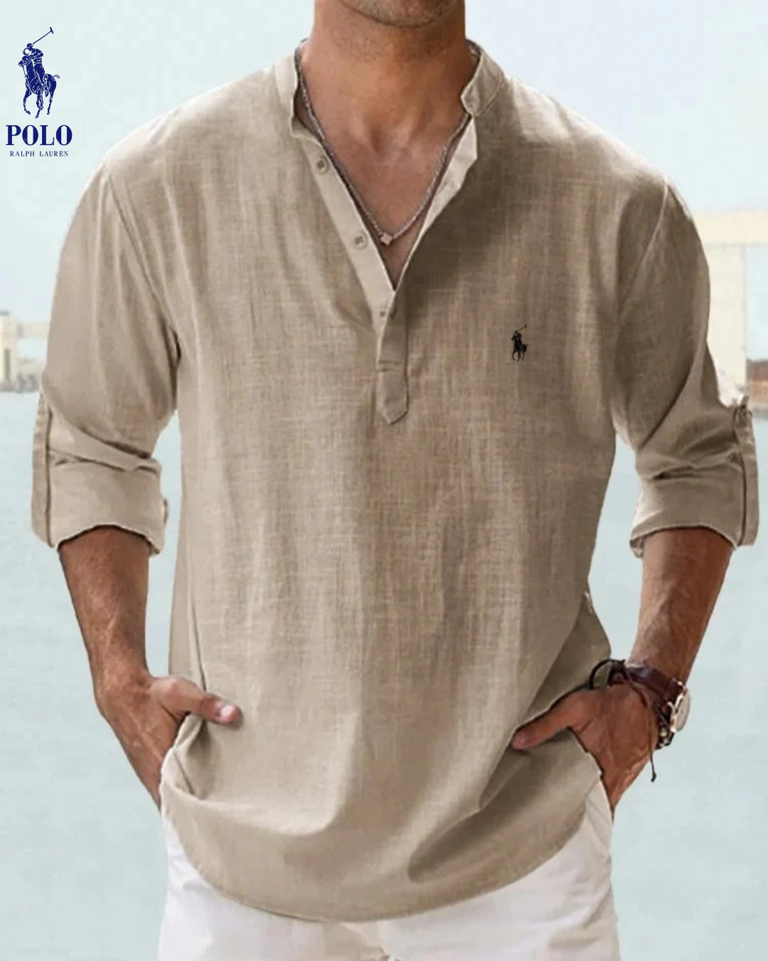 Linen Mandarin Collar Henley Shirt — Clearance Sale