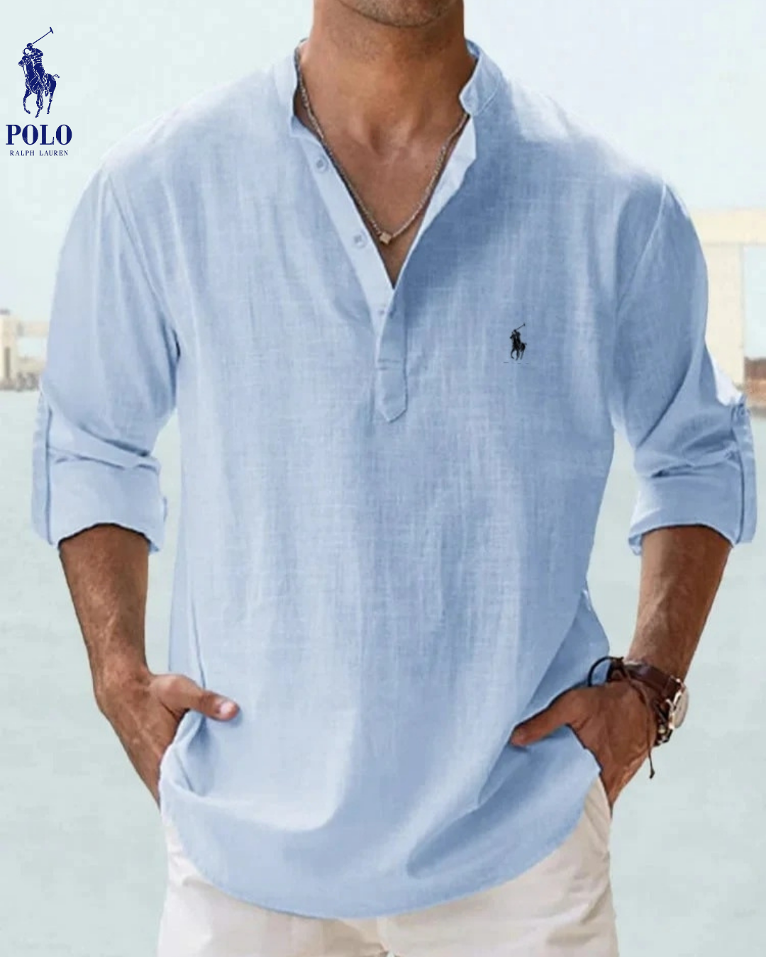 Linen Mandarin Collar Henley Shirt — Clearance Sale
